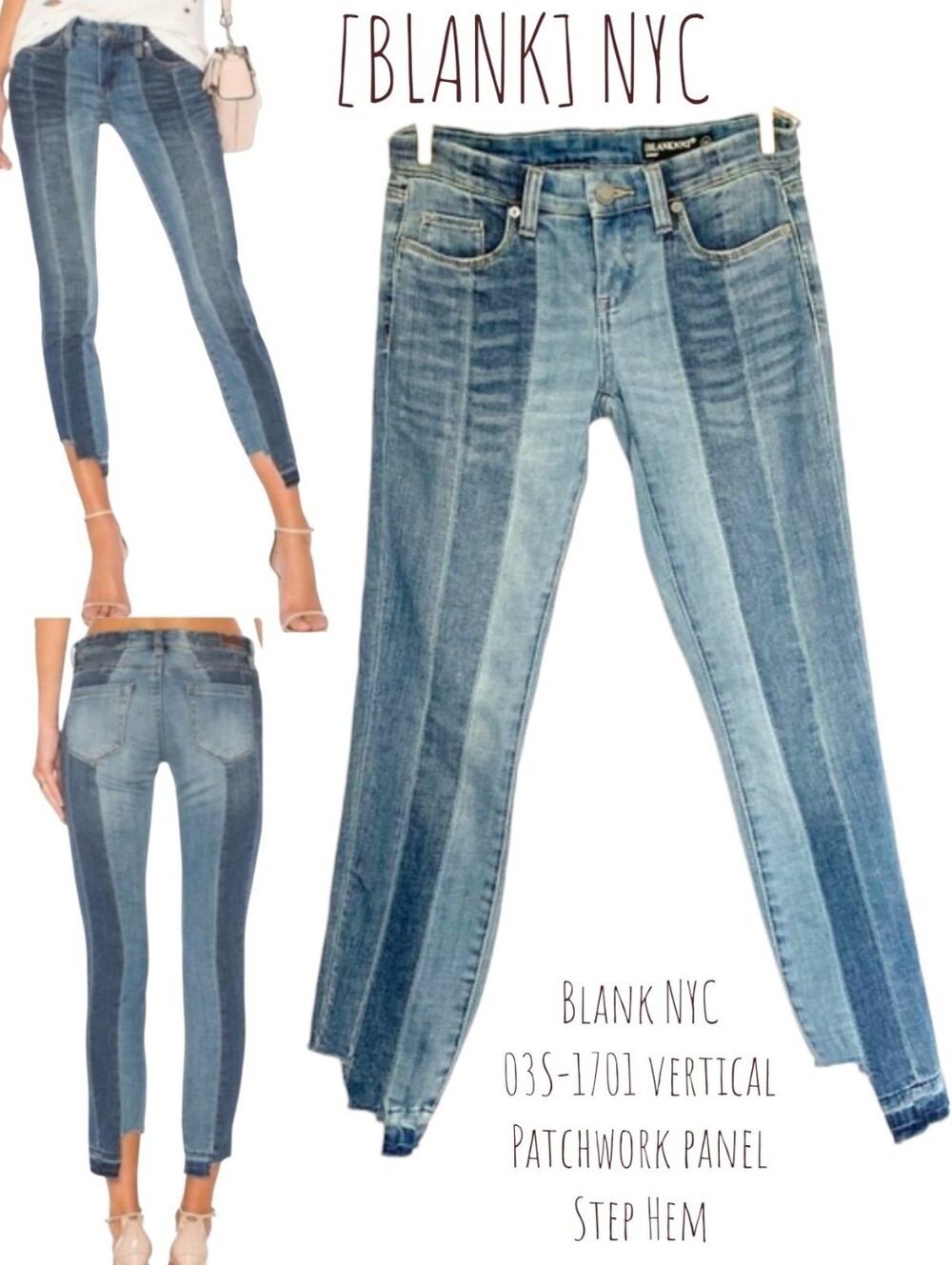 Blank NYC Women 03S-1701 vertical Patchwork panel denim Skinny Jeans Step Hem 26
